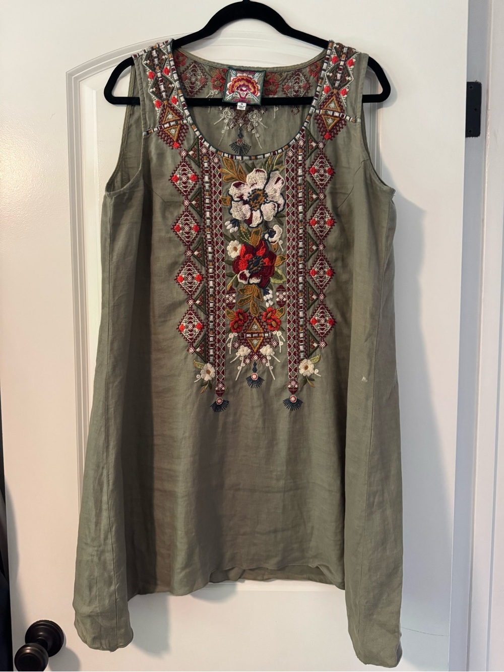Embroidered Olive Green Sleeveless linen Dress
